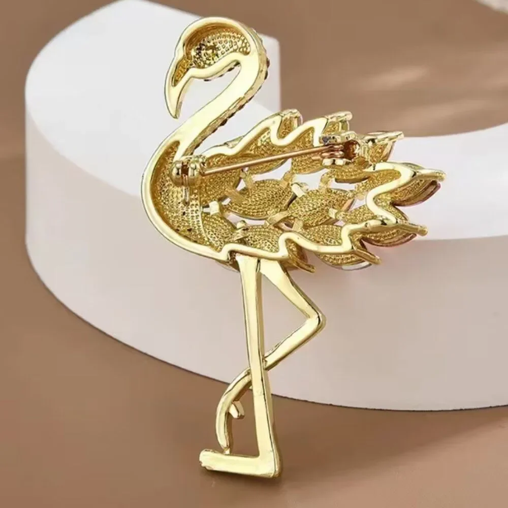 Flamingo Brooch Pin Pink & Clear Rhinestones & Crystals Delicate Animal Bird Pin